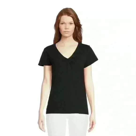 NWOT For The Republic Women’s V-Neck Gathered Front Black Fitted T-Shirt Size M - Picture 1 of 4